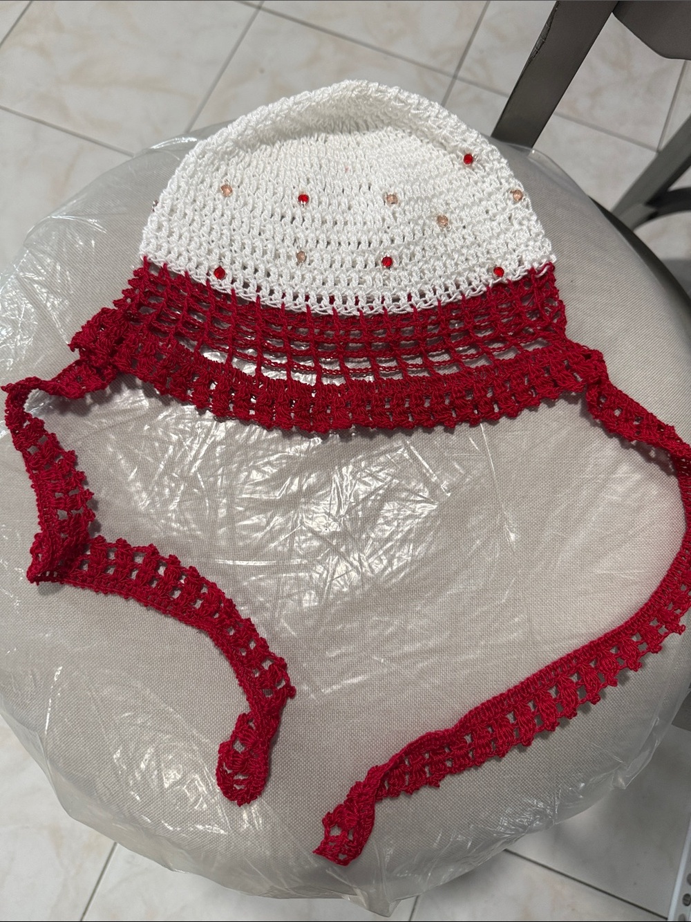 New Handmade Crochet White & Red Sun Hat with Ties